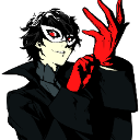 Joker character with a white mask and red eyes smirking while adjusting his red gloves.