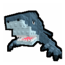 A blocky blue monster with sharp teeth and an open mouth.