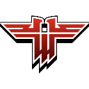 A symmetrical red and white winged emblem centered on a black background.