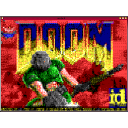 Doomguy stands in a combat pose against a red background with the game title in blue and yellow text.