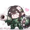 Chibi girl with long dark hair and a flower in her hair wearing green armor and holding a large cannon and shield with a hap…
