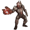 An armored creature stands in a combat stance while charging a glowing red energy sphere in its hand.