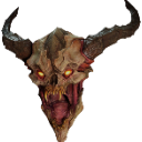 A demonic skull with large horns and glowing yellow eyes screaming.