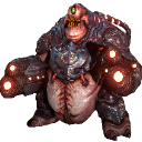 A hulking armored monster with glowing arm cannons standing in a combat-ready stance.