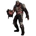 A muscular warrior wearing heavy armor stands in a combat-ready pose.