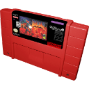 A red video game cartridge with a pixelated game label.