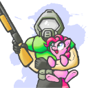 A muscular space marine in green armor holding a shotgun in one hand and a small, happy pink pony in the other.