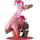 A small pink pony sitting on the back of a large, muscular, dark-colored monster.