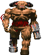 Cyberdemon walks forward with a mechanical leg and rocket launcher arm in a pixelated style.