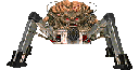 A mechanical spider with a brain-like top and robotic legs walking in a pixel art style.