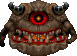 Monster with a single large red eye and horns floating in different orientations.