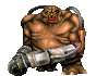 A hulking brown monster with green eyes and large metal cannons attached to its arms stands in a menacing pose.