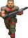 Soldier in brown armor and green hair marches forward while holding a rifle.