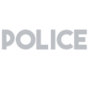The word POLICE written in a bold, gray, pixelated font against a black background.