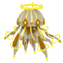 A stylized golden jellyfish with a crown and glowing tentacles floating against a neutral background.