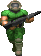 A pixelated soldier in green armor marches forward while holding a rifle.