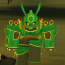 A blocky, armored warrior in green and gold plating stares forward with glowing eyes.