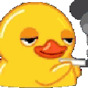 A yellow duck with a bored expression holding a lit cigarette.