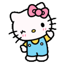 Hello Kitty waves with a cheerful smile while wearing a pink bow and blue overalls.