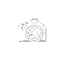 Camera with a visible aperture lens in white line-art style.