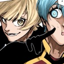 A blonde anime character with a mischievous grin pokes the cheek of a blue-haired character who looks surprised.
