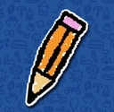 A stylized orange pencil with a pink eraser on a blue patterned background.