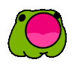 A green frog with a large open pink mouth that appears to be zooming in or growing larger across four frames.