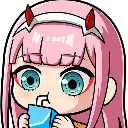 Zero Two with pink hair and red horns drinking from a blue juice box with a straw.