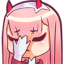Zero Two with pink hair and red horns performing a facepalm gesture.