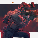 A soldier in tactical gear aiming a rifle with a red-tinted background.