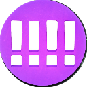 Four white exclamation marks centered inside a bright purple circle.