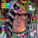 A person wearing glasses and hair clips surrounded by colorful, chaotic digital stickers and rainbow effects.