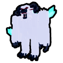 A pixel art white monster with dark horns and glowing blue accents roaring with an angry expression.