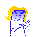 A stylized character with yellow hair and a blue-tinted face giving a judgmental look while pointing.