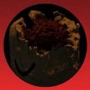 A dark circular object with a rough, textured brown center set against a deep red background.
