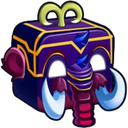 A purple cube-shaped elephant creature with glowing white eyes and large blue tusks.
