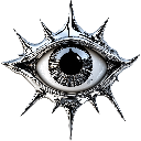 A metallic eye with sharp, spiked edges and a dark, piercing pupil.