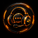 Headset with a speech bubble in the center glowing with gold light against a dark circular background.