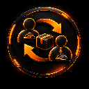 Two black silhouettes exchanging a brown package within a circular orange glowing frame.