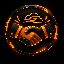 Handshake icon glowing in orange and gold against a black circular background.