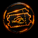 A glowing golden ticket icon with a futuristic design on a black background.