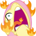 A stylized pony with a wide open mouth screaming while surrounded by bright orange flames.