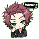 Anime boy with pink hair and a bored expression looking at a speech bubble that says Warning.