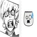 Anime character screaming in terror next to a small ghost with a blue sweat drop.