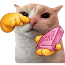 A cat holding a pink bar of soap with a cartoon hand touching its nose.