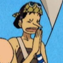 Usopp from One Piece with a long nose clasping his hands together in a prayer gesture.