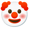 Four identical cartoon clown faces with red hair and rosy cheeks arranged in a horizontal row.