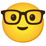 Four yellow smiley faces wearing black-rimmed glasses with wide, happy expressions.