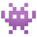 Four distinct purple pixelated alien creatures arranged in a row.