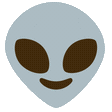 Alien character with a grey head and black eyes holding up a peace sign with its hand.